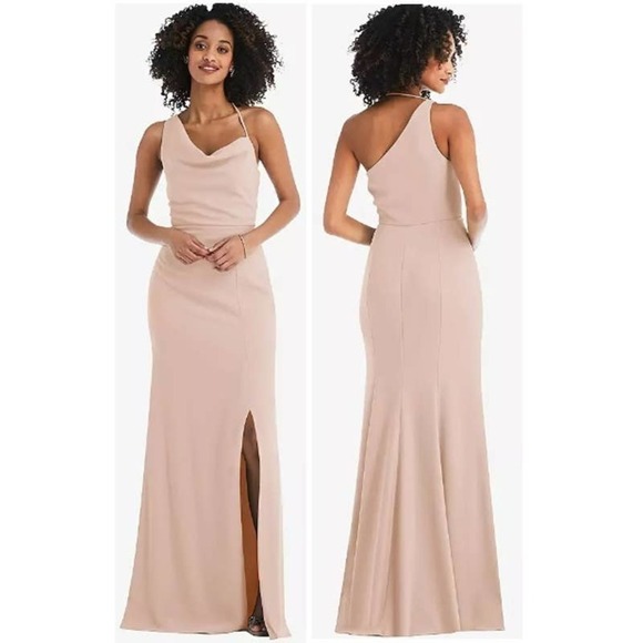NWT After Six One Shoulder With Strap Cowl-Neck Crepe Maxi Dress Cameo Size 12 - Picture 1 of 12
